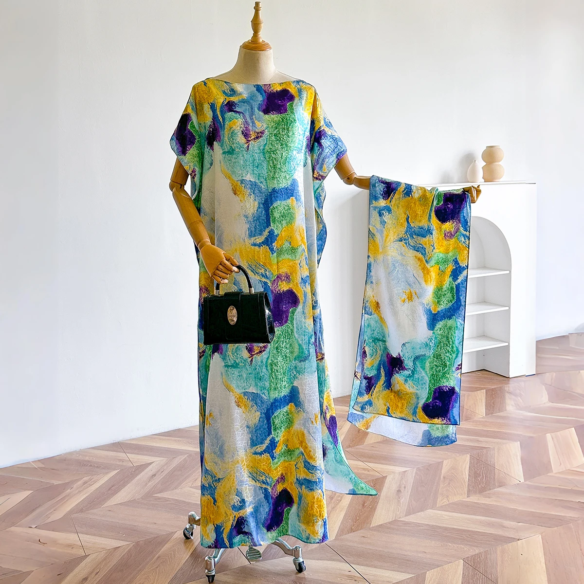 Summer New Fashion African Dresses for Women, Elegant Printed Silk Muslim Lady Long Hijab Kaftan Dress with Oversize Scarf, Kuwa