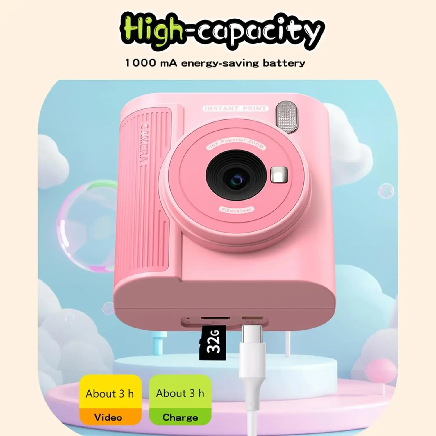 Aparat z drukarką dla dzieci 1080P, cyfrowa drukarka termiczna bez tuszu z papierem, karta 32G, prezenty dla dziewczynek i chłopców