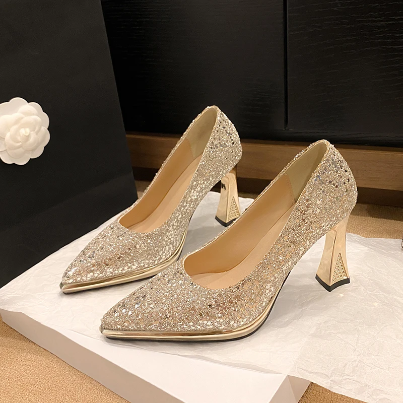 

Fashion sequined women's shoes new pointed shallow mouth versatile temperament wedding shoes work women's high heels