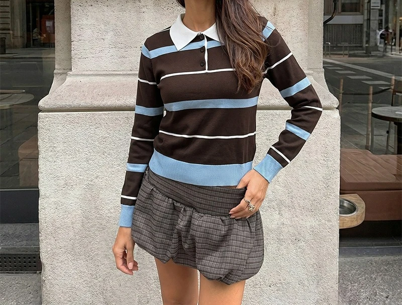 2026 Autumn and Winter New Comfortable and Casual Contrasting Color Loose Lapel Striped Long-sleeved Sweater