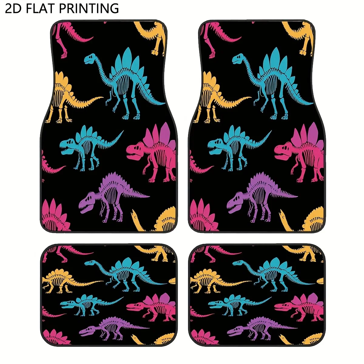 

4pcs Dinosaur Skeletons Car Floor Mats | Polyester Universal Fit Front And Rear Seat Floor Mats, Car Interior Accessories