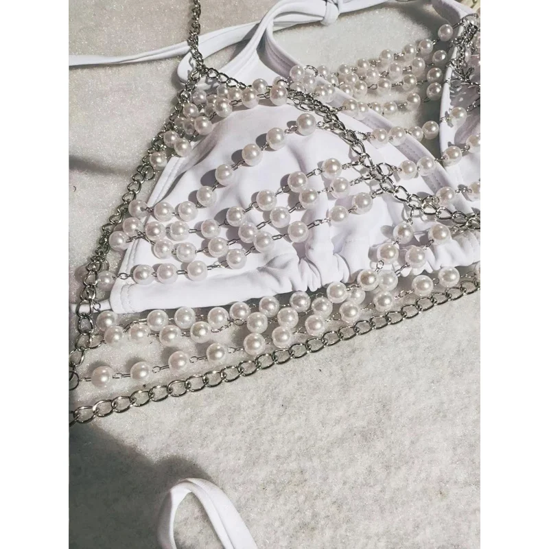 New Hot-Selling Pearl Chain Halter Tie Bikini Sexy Swimsuit White Women's Swimwear High-End