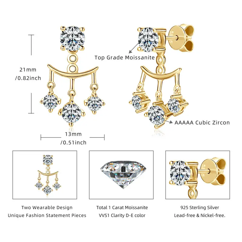 Ehhai 5mm Round Cut Moissanite Piercing Ear Jacket Stud Earrings for Women Real 925 Sterling Silver Fine Jewelry Gift Pendientes view 4