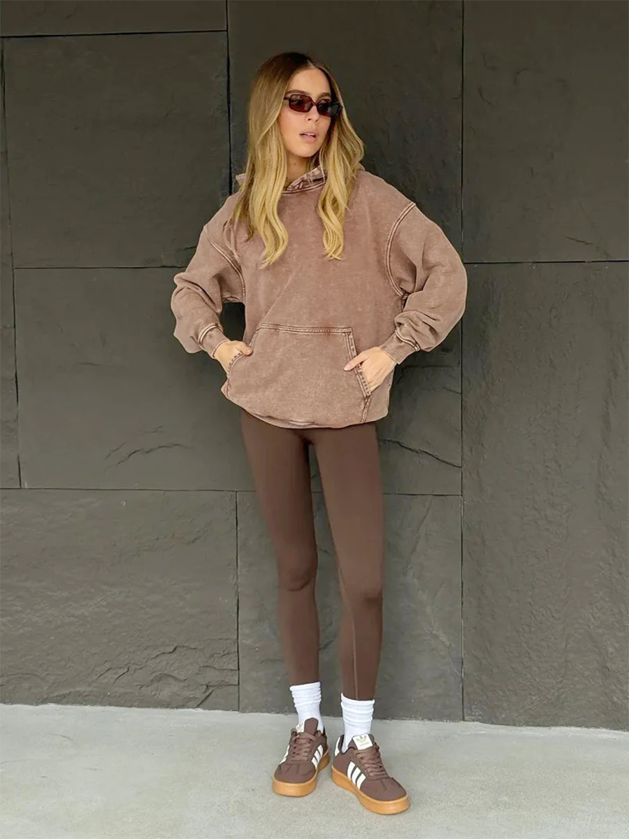 Bornladies Women's Hooded Sweatshirt Retro Long Sleeved Pullover Hooded Sweatshirt Loose Fit Casual Fashion Hooded Sweatshirt