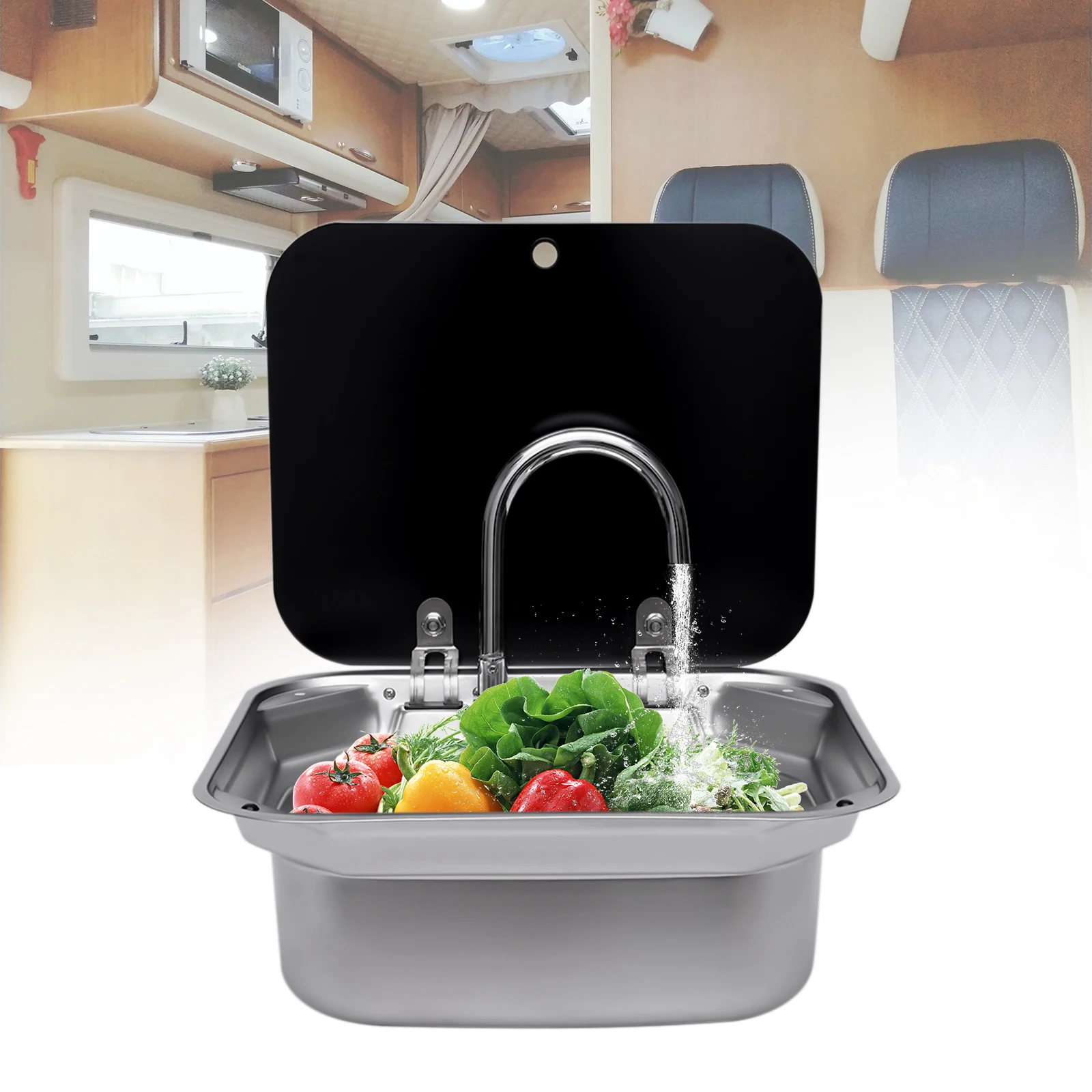 Complete RV Caravan Camper Boat Stainless Steel Hand Wash Basin Kitchen Sink Kit With Flip-top Lid & Retractable Faucet