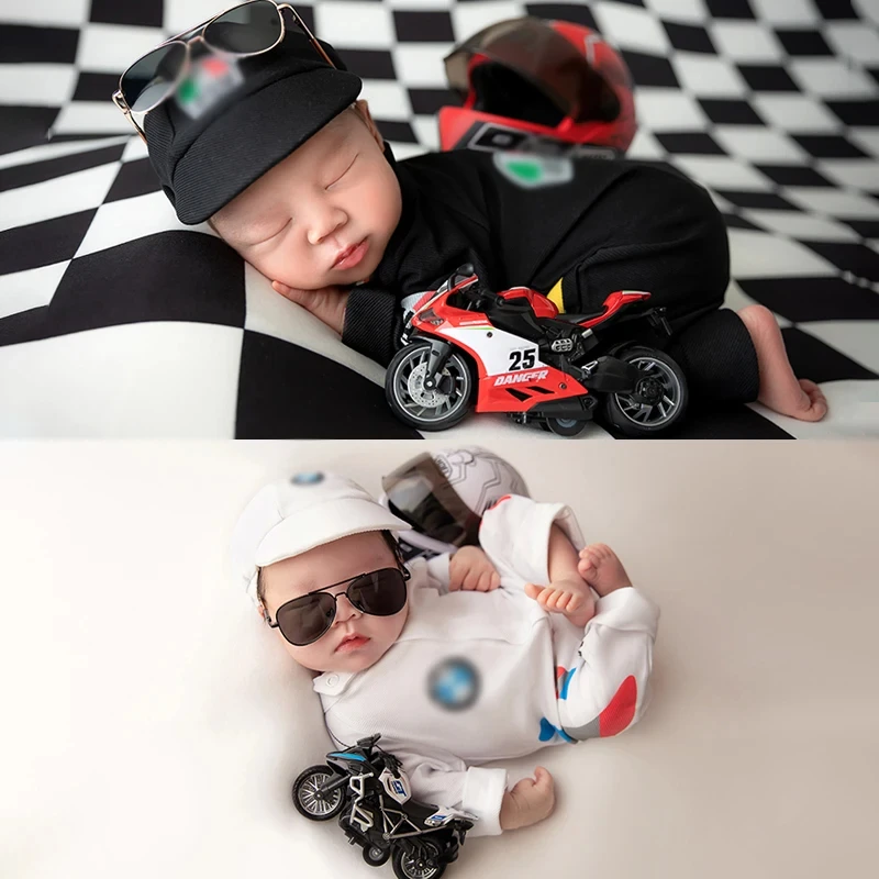 0-2 Months Baby Photography Outfit Cool Motorcycle Clothing Sunglasses Helmet Props Newborn Jumpsuit Studio Photo Accessories