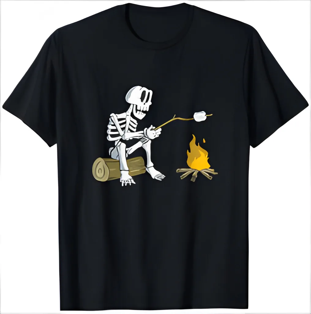 Skeleton toasting Marshmallow campfire snack food T-Shirt