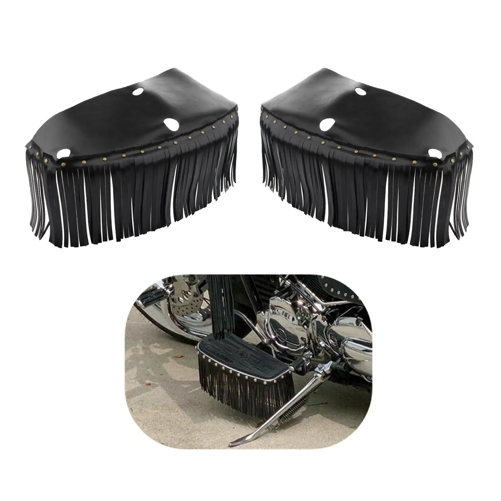 Motorcycle Floor Board Cover Fringe Tassel Modern PU Leather Black Pair for Adult Motorbike Accessories