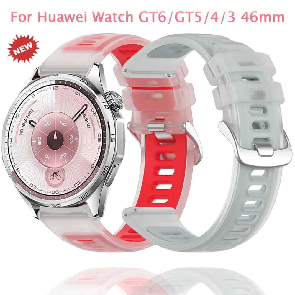 Zweifarbiges Silikonarmband für Huawei Watch 5-GT6/5 46 mm, halbtransparent, bequemes Armband, Correa für Huawei Watch GT Runner 2