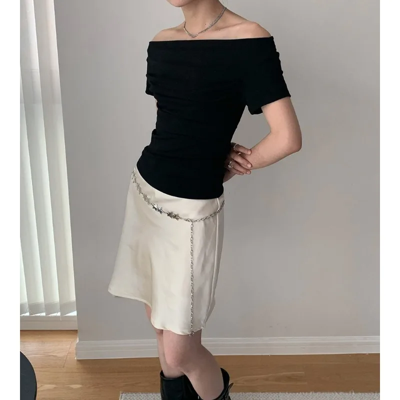 2026 Summer New Product One-word Collar Off-shoulder Irregular Neckline Short Versatile Slim-fitting Short-sleeved T-shirt Women