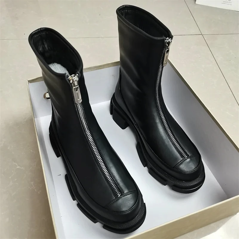 Meotina Ins Genuine Leather Women Mid Calf Boots Brand Platform Thick Low Heel Booties Zipper Design Ladies Shoes Autumn Winter