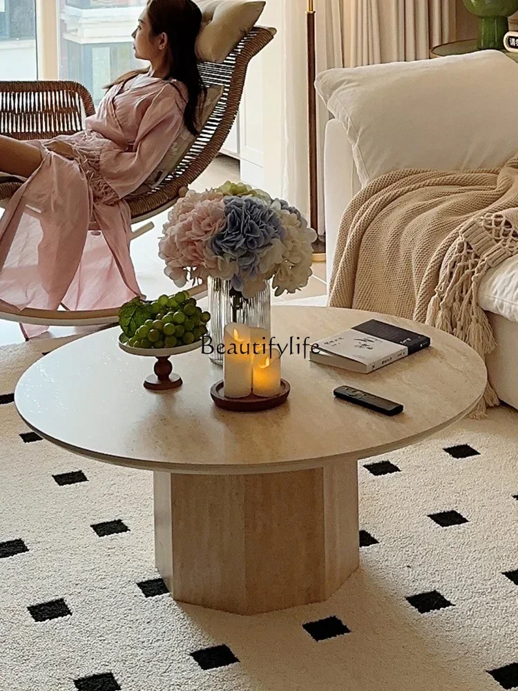 

yj58 French Retro Small Apartment Home Coffee Table Cream Style Living Room Marble Travertine