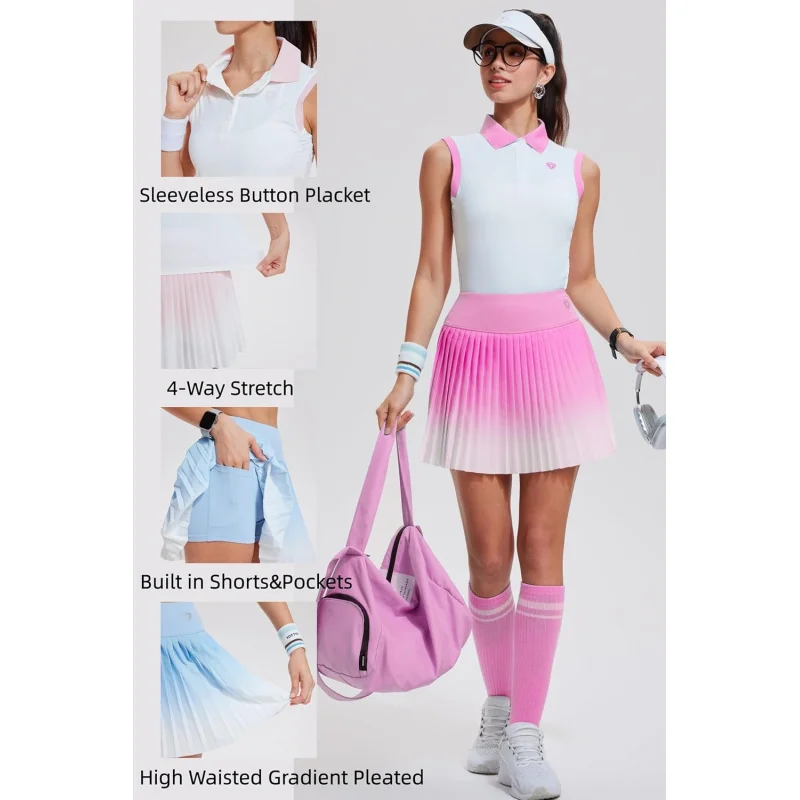 SharpStar Women's Tennis Skirt Sets 2pcs Polo Sleeveless Pleated Pickleball Golf Outfits 4