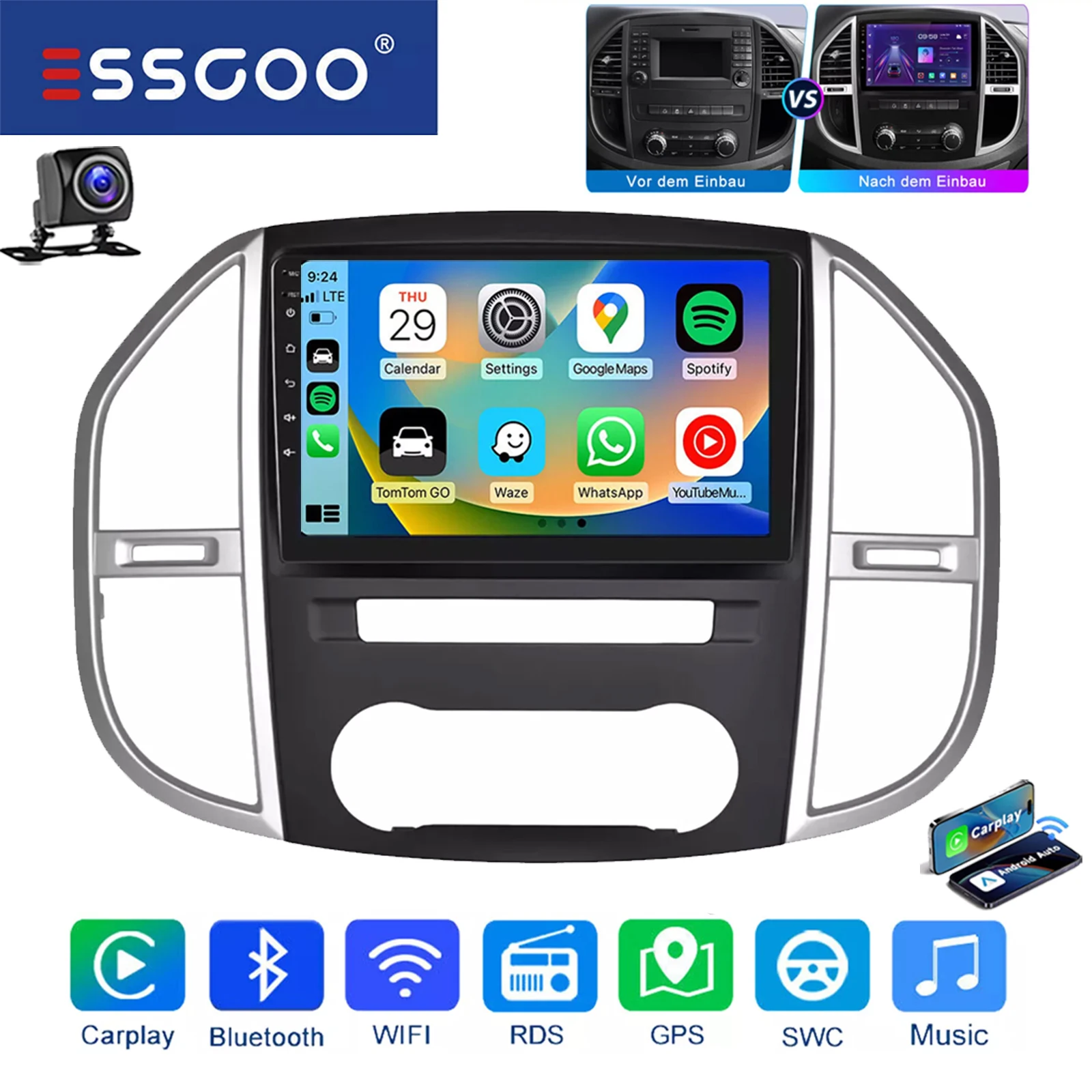 ESSGOO 10 "2 DIN Android 14 Autoradio Multimedia Video Player Voor Benz Vito 3 W447 2014-20 GPS Navi 32 GB/64G Carplay WIFI RDS BT