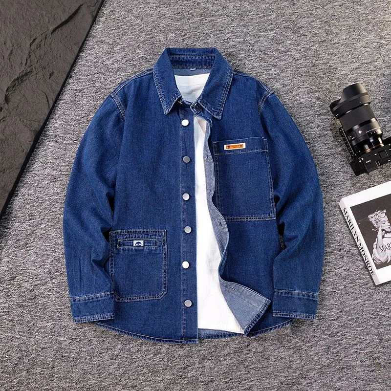 New Spring and Autumn Long Sleeve Shirt Fashion Casual Men's Top Double Pocket Middle-aged and Young Workwear Denim Jacket