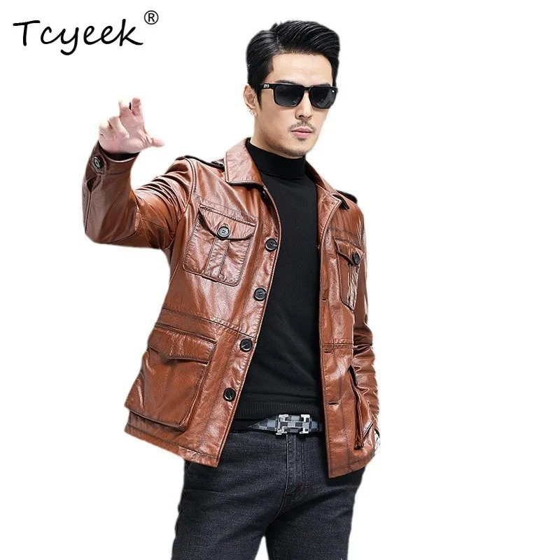 

Tcyeek Куртка из натуральной кожи Мужская весенне-осенняя одежда Верхний слой пальто из воловьей кожи Деловая повседневная куртка Мужские пальто Chic Jaqueta Couro