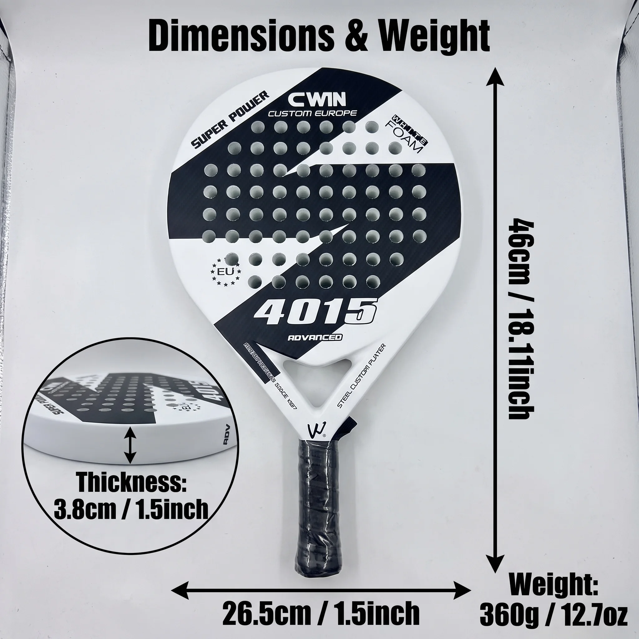 CWIN 4015 Full Carbon Padel Racket 3.8cm EVA Core Round Paddle Racket Beginner Training Padel Racquet with Carry Cover