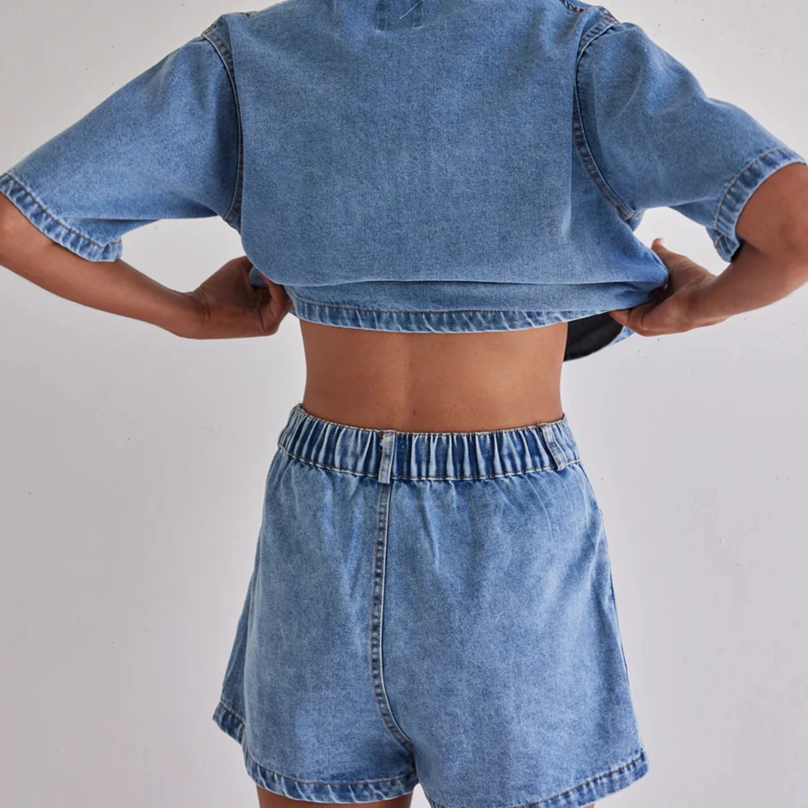 Combhasaki Women 2Piece Denim Outfits Set Short Sleeve Lapel V-Neck Pullover Crop Tops + Irregular Skirted Shorts with Pockets