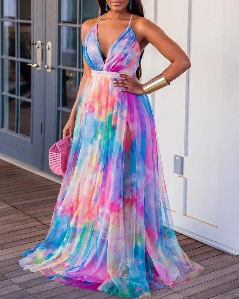 Color Block V-Neck Women Maxi Dress To Floor Long Beach Robe African Party Holiday Summer Dresses Sexy Backless