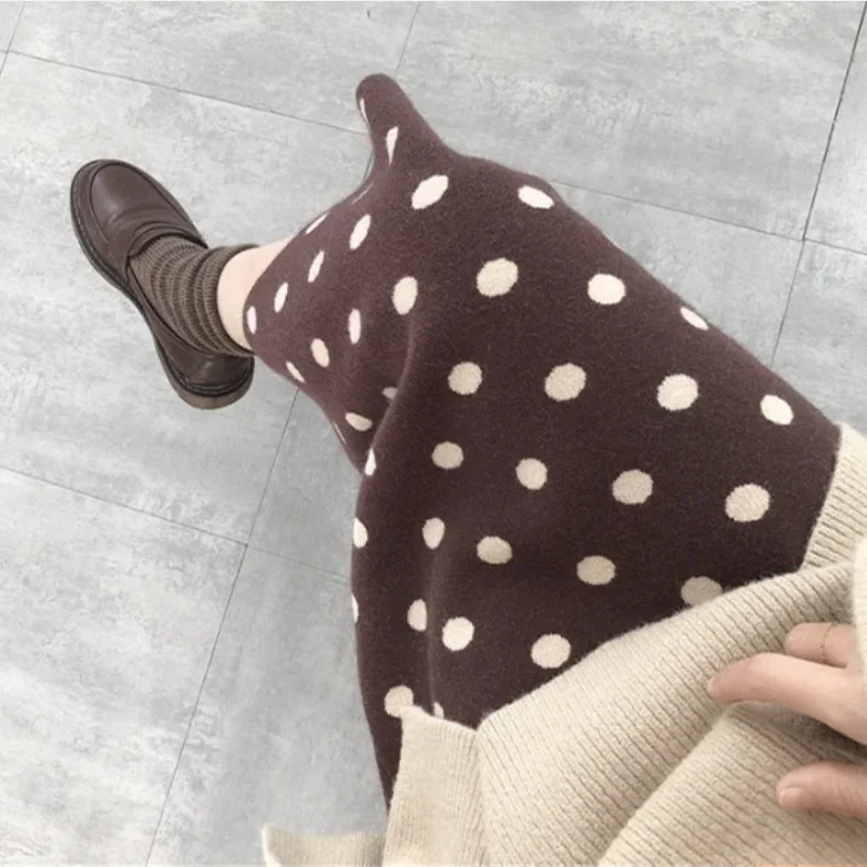 Fashionable Polka Dot Knitted Midi Skirt for Women, High Waist, Mid Length, Thick Woolen Skirt
