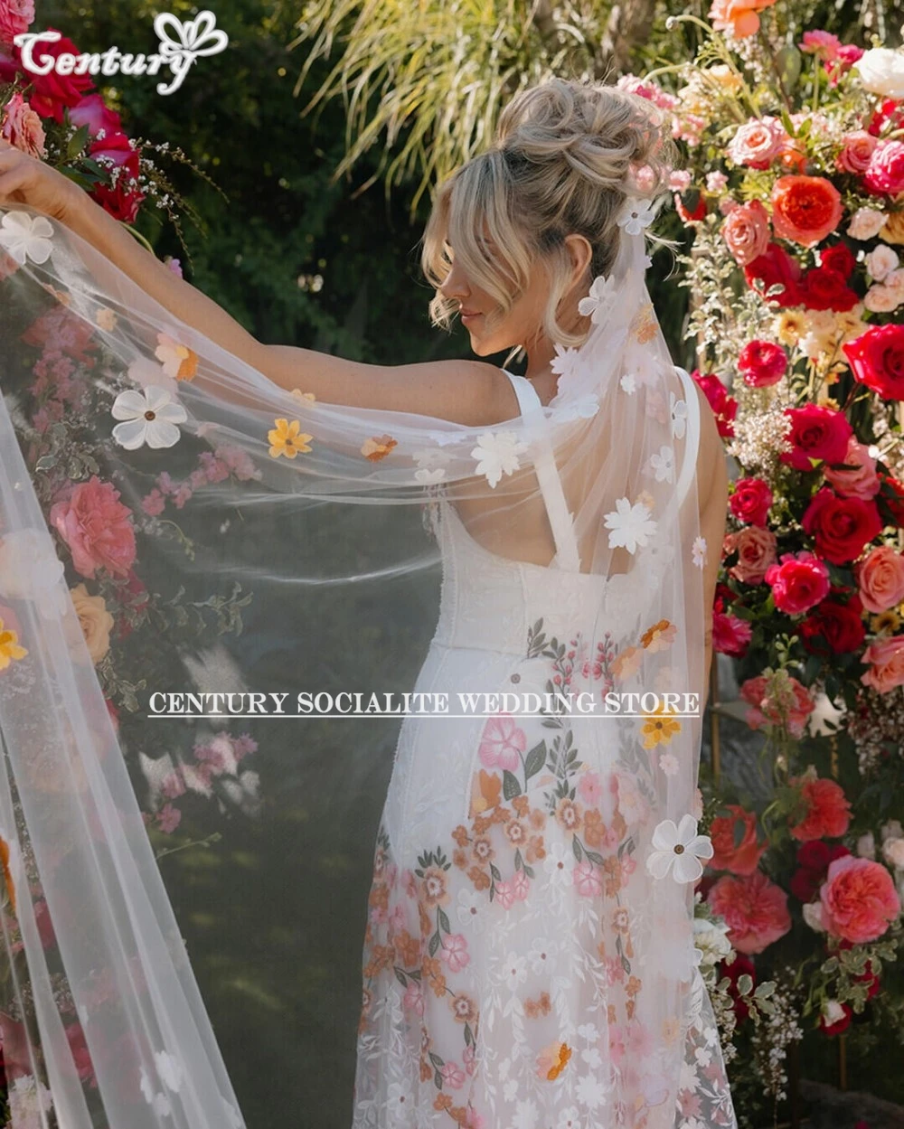 Vestido de noiva boho com renda bordada colorida, sereia, alças espaguete, flores, vestidos de noiva florais para noiva, 2025 personalizado