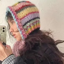New Color Striped Ear Protector Balaclava Hat Winter Hand Crocheted Contrast Color Neck Tie Pullover Bean Cap for Women's