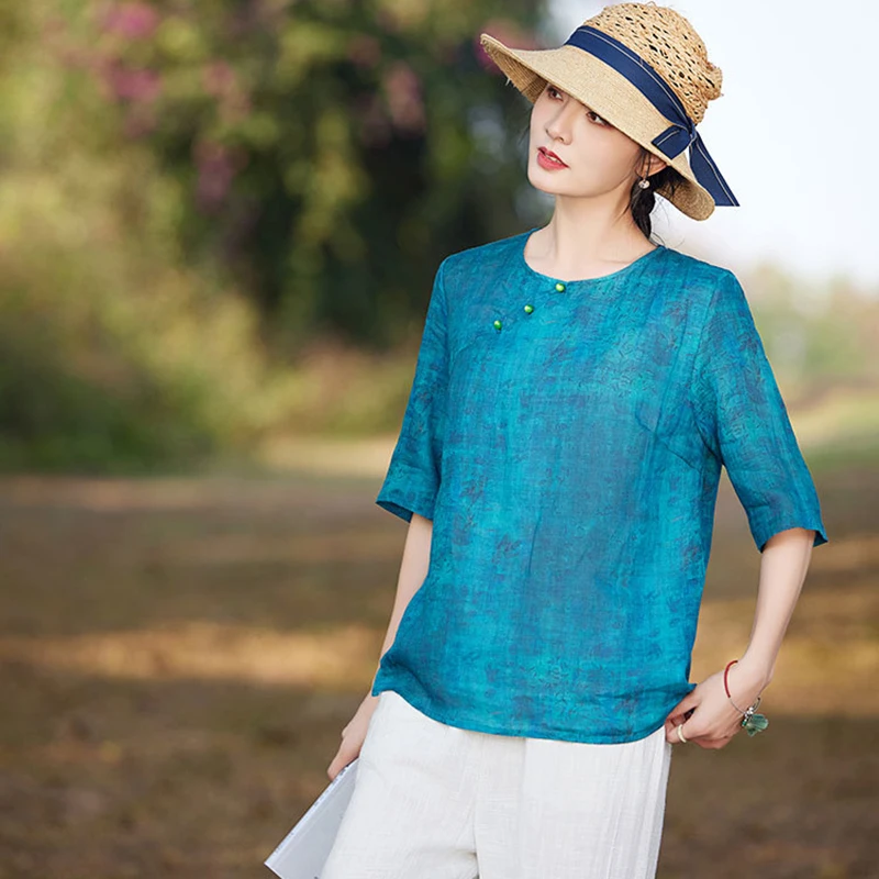 100% Ramie Women Casual T-shirts New Arrival 2026 Summer Chinese Style O-neck Vintage Print Female Half Sleeve Tops Tees M2818