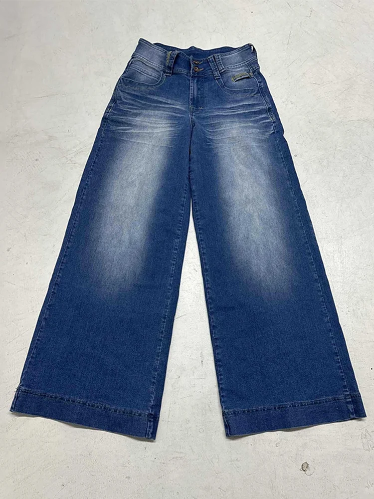 

Light Blue Distressed Washed Denim Pants for Women Baggy Wide Leg Dragging Jeans Casual Fashion Chic Vintage Outwear Trousers