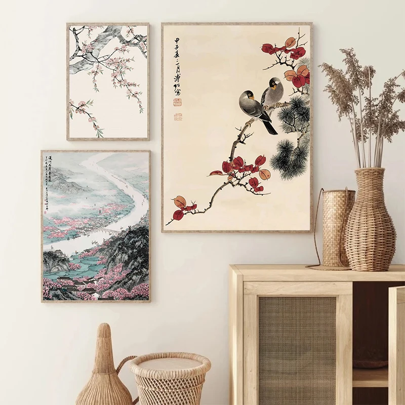 1pc frameless Canvas Painting Chinese Landscape Couple Birds Forest Mountain River Koi Carp Fish Art Poster Prints Canvas Painti