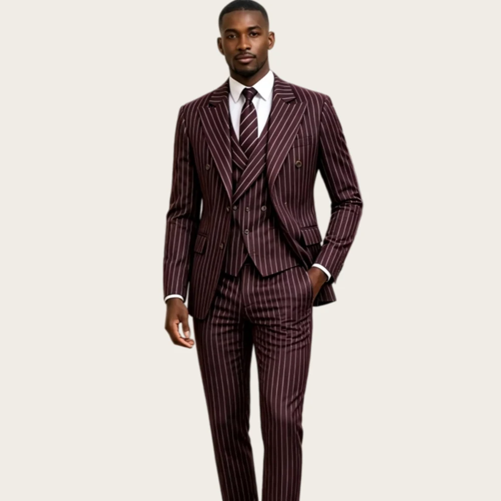 Burgundy Pinstripe Men Suits 3 Pieces Peaked Lapel Double Breasted Slim Fit Groom Suit Tuxedo Office Business Blazer Customized