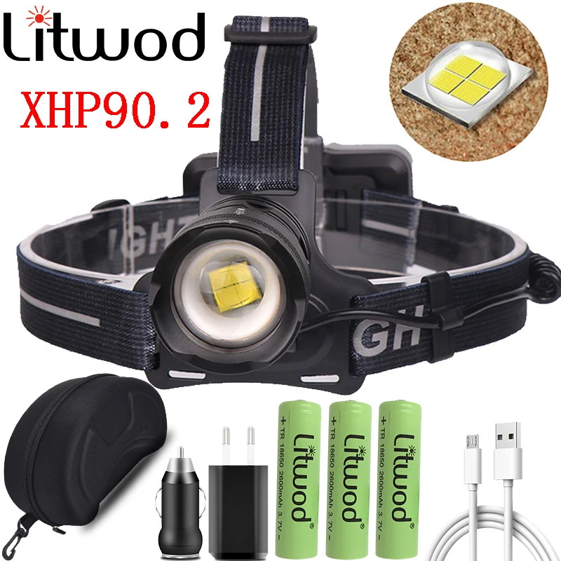 

Drop Shipping Led Headlamp XHP90.2 Bulbs Headlight Chip Head Lamp Light Lithium Lon 7800mAh 3*18650 Battery For Fishing Camping