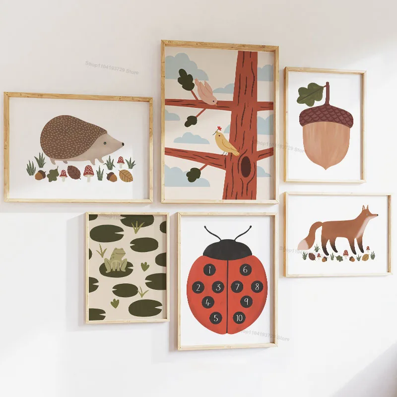Cuadro de lienzo con dibujos animados de oso, zorro, erizo y mariquita, arte de pared para habitación infantil, carteles nórdicos, impresiones, imágenes para decoración de habitación de bebés y niños