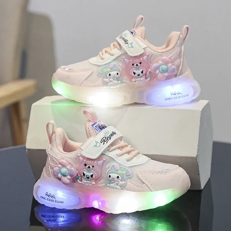 Casual Cute Girls Kuromi LED Shoes Kids Tennis Children Baby Luminous Tennis  Anime Sanrio Lighted Sport  Running Sneakers