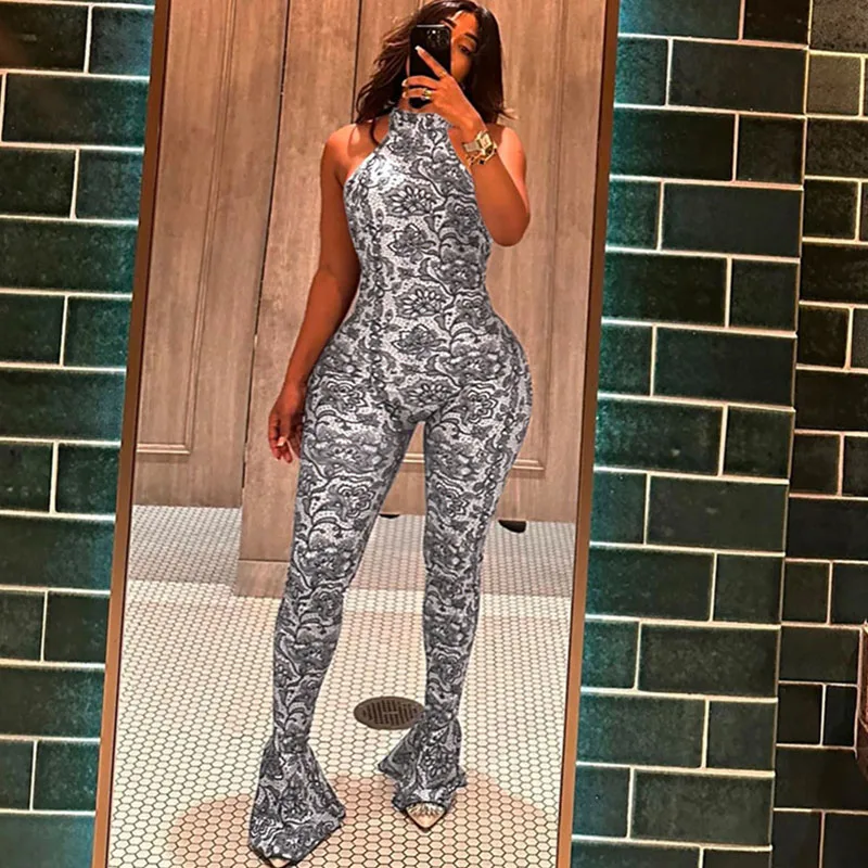 

Doyerl Floral Printing Overalls Woman Jumpsuit Backless Halter Sleeveless Skinny Night Club Party Romper One Pieces Rave Outfits