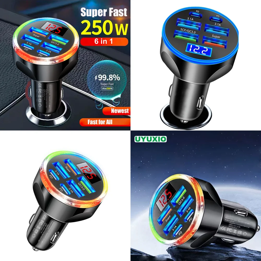 Trending Products 2026 New Arrivals 6 in 1 USB Car Charger with Voltage Display 2 Type C 4 USB a Multi Port Fast Charging