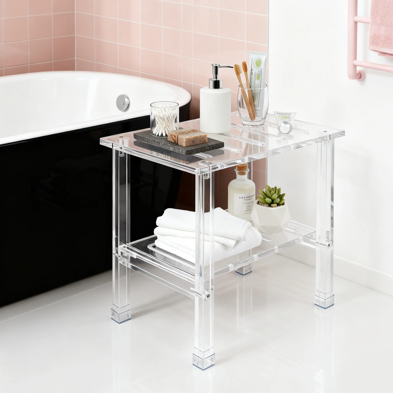 

Acrylic Shower Bench Bathroom Shower Stool with Storage Shelf Bathroom Shower Bench