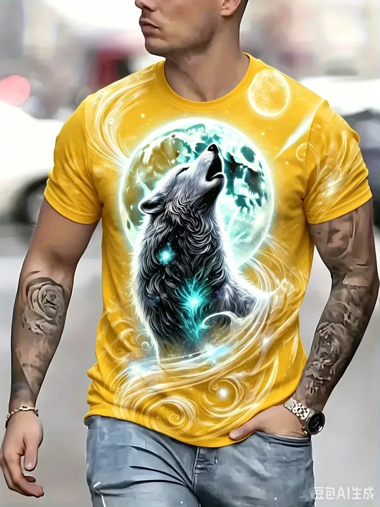 3D Wolf Under Glowing Moon Print Men's T-shirt Summer Casual Short Sleeve Tops Trend Cool Street Hip-hop Man Clothes
