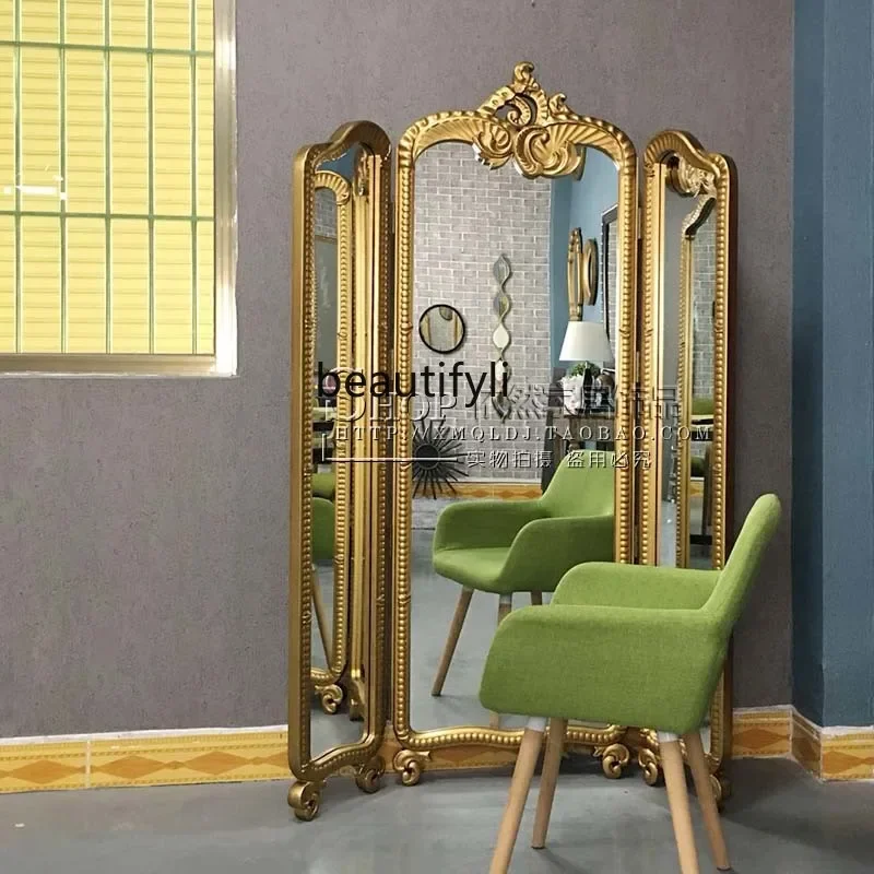 

European floor-to-ceiling, full-length mirror, retro bedroom, cloakroom, villa model room, French medieval full-length mirror. Y