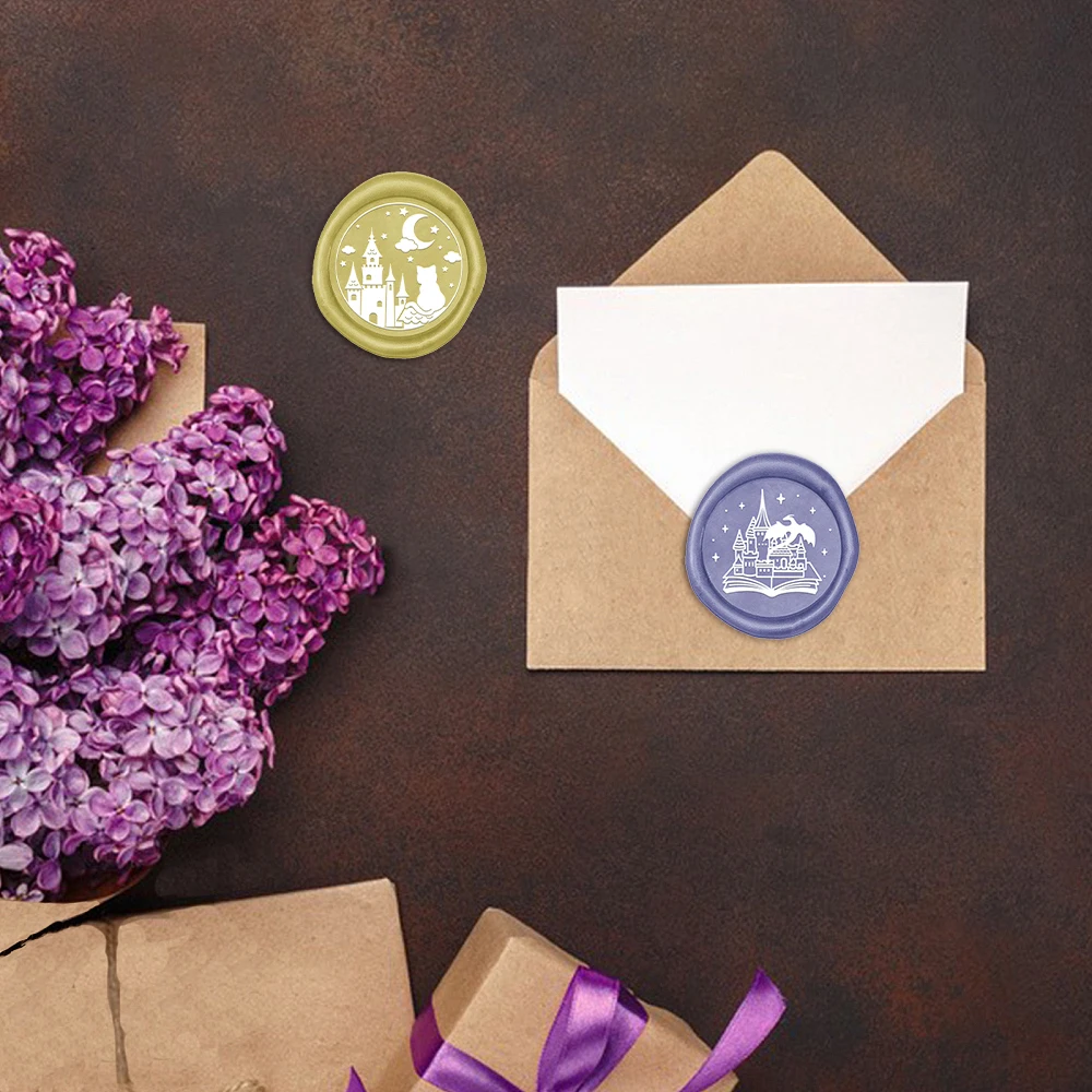 1pc Round Wax Seal Stamps Castle Firework Night Moon View Pattern 25mmRemovable Brass Head for DIY Invitation Greeting Cards