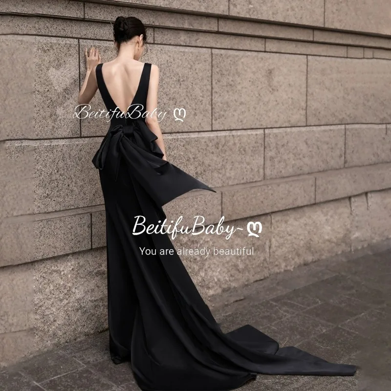 BeitifuBaby Elegant Women's Black Evening Dress Sexy V-neck Sleeveless Bow Backless Mermaid Skirt Stain Formal Dresses for Women