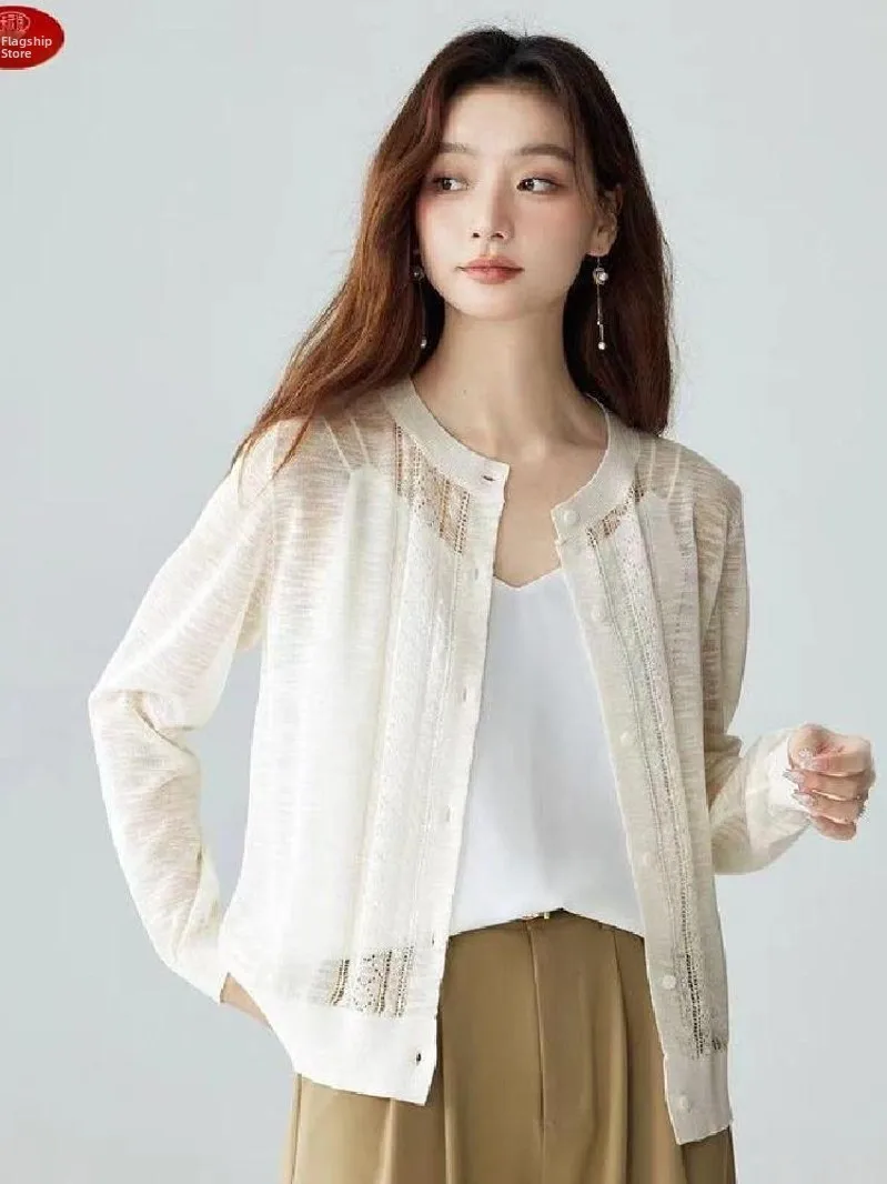 lightweight-loose-knitted-long-sleeve-round-neck-air-conditioning-outerwear-summer-2025-cardigan-new-style-hollow-design-top