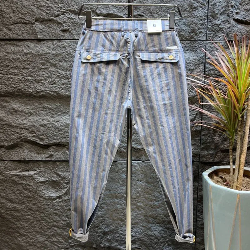 Pantalones Haren de cintura elástica a rayas para hombre, botones de calle, bolsillos con cremallera, estilo fino, combina con todo, primavera y verano, nuevo