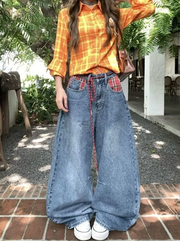 

Женские синие джинсы с высокой талией и карманами в сетку, крутые винтажные уличные брюки с широкими штанинами для девочек, женские повседневные джинсовые брюки