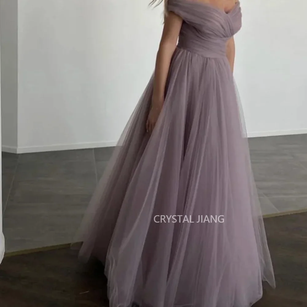 вечернее платье Off the Shoulder Shiny Tulle Short Sleeves A Line Floor Length Evening Dresses Party Gowns