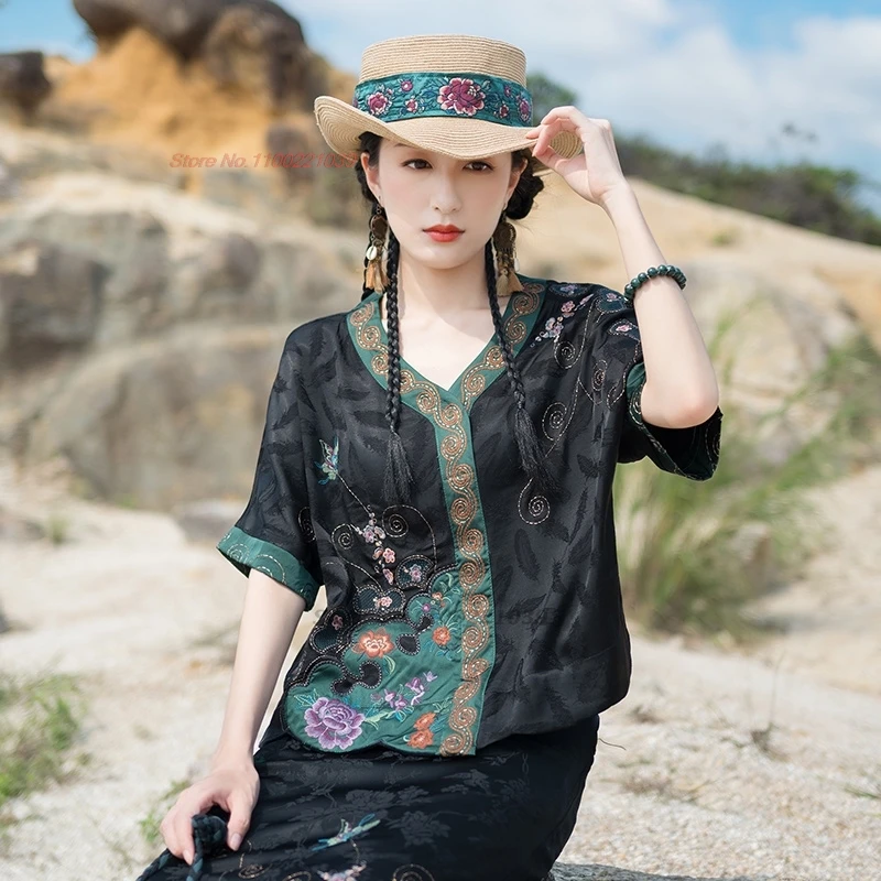 

2025 chinese vintage v-neck folk blouse national flower embroidery blouse traditional satin jacquard blouse improved hanfu tops