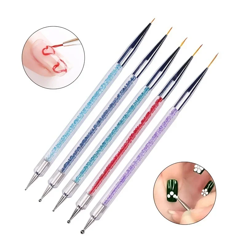 5 Stks/set 2 In 1 Dual-Ended Nail Art Liner Borstels Met Kristallen Handvat Professionele UV-Gel Punttekening Tekening Pen Diy Tools