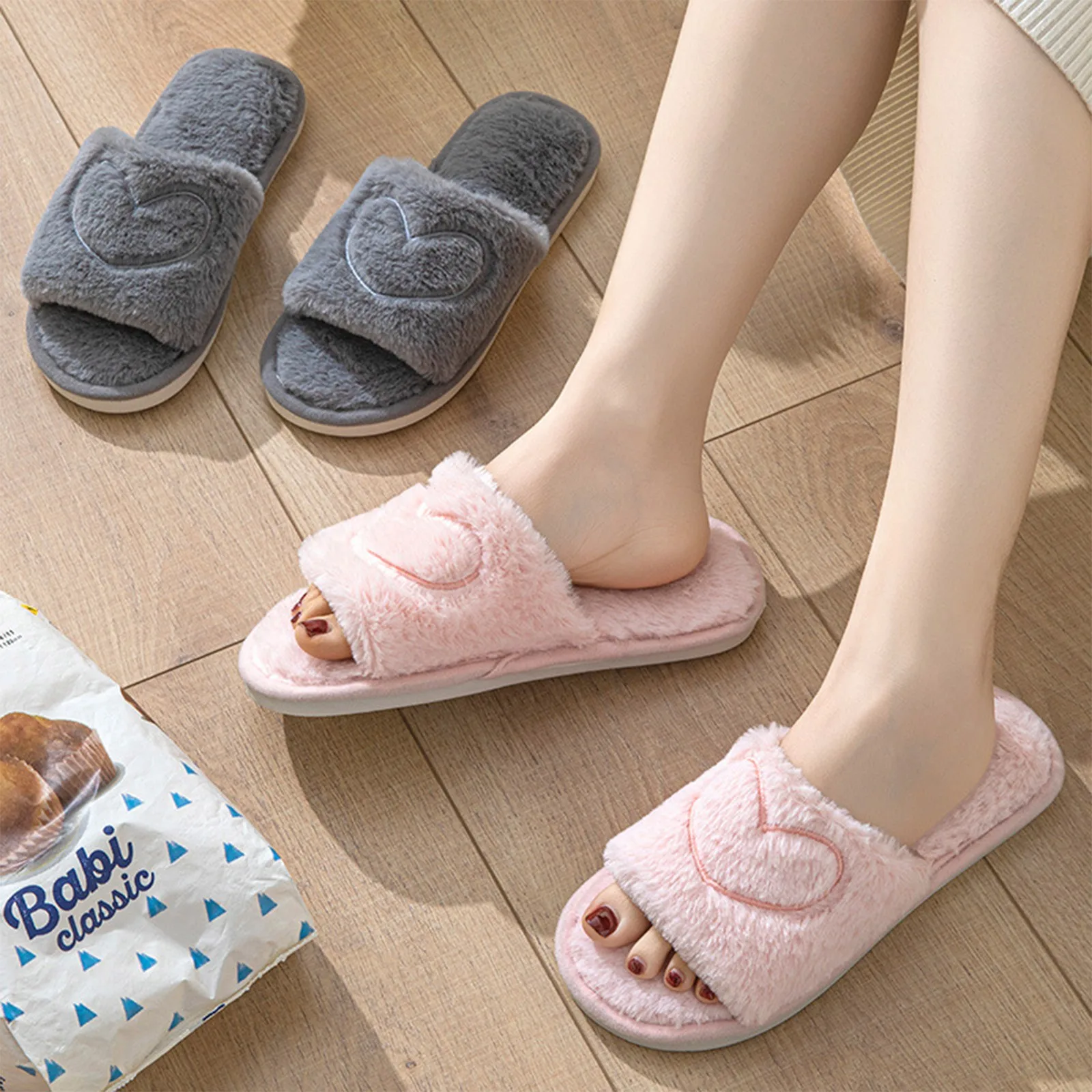 Fluffy Women'S Slippers Plush Open Toe Cotton Fluffy Luxury Flats Autumn And Winter Love Fashion Casual Shoes Fluffy Slippers