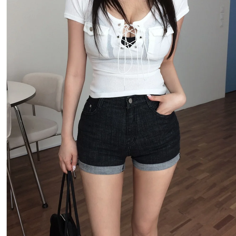 Pantaloni sexy per il potenziamento dell'anca slim fit Vita alta in cotone elasticizzato Denim orts Summer Faion Ladies Trendy con risvolto Ultra ort Hot...