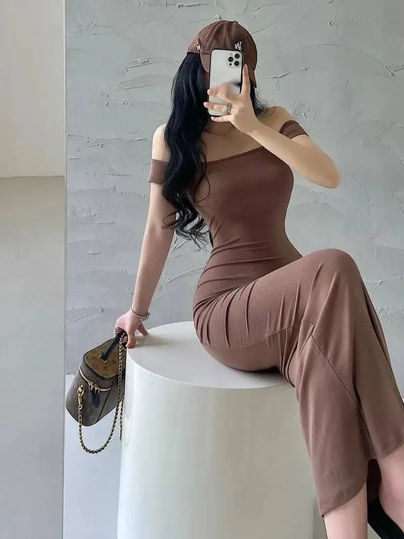 Sexy fuera del hombro ajustado adelgazante cintura abrigo vestido de cadera elegante vestido largo dulce bata 2024 nuevo dulce mujeres coreanas Tops W7QV