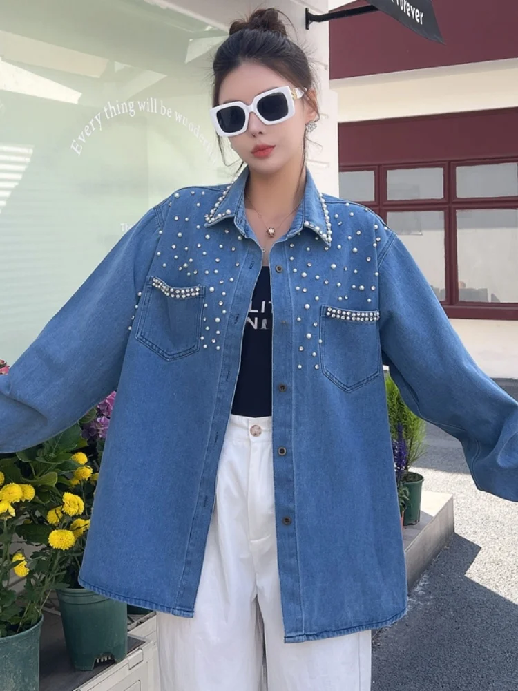 Damska, codzienna, długa kurtka dżinsowa z perłami i dżetami, na wiosnę i jesień, nowa, warstwowa, luźna odzież wierzchnia w stylu koreańskim.